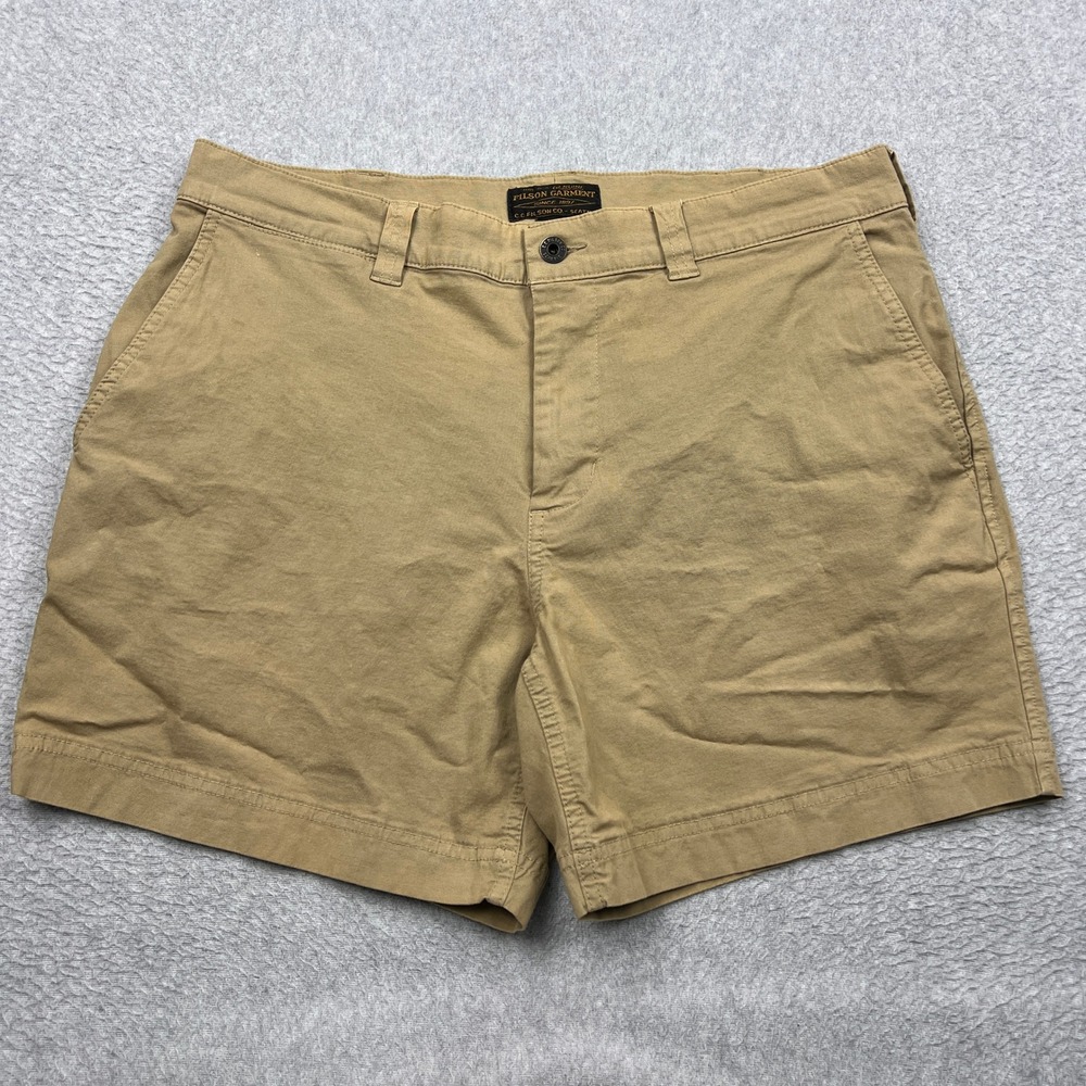 Filson Granite Mountain 6" Shorts Mens 34 Khaki Beige Stretch Cotton Retro Chino